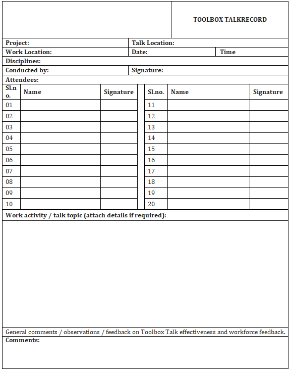 Toolbox Talk Record Sheet