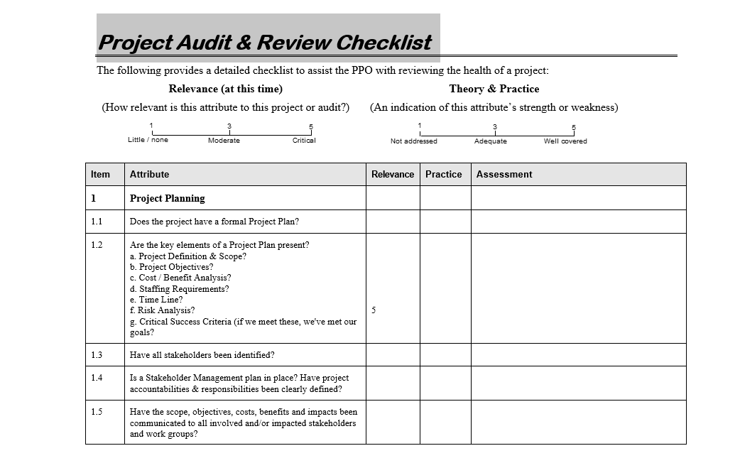 Download Project Audit & Review Checklist in editable format