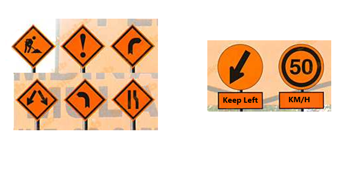 Warning and regulatory road works signs